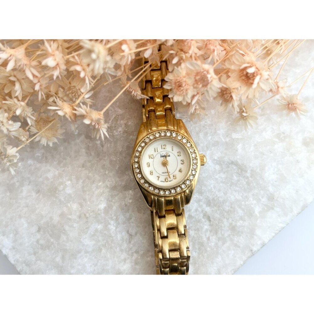 Vanity Fair Rhinestone Framed Gold T Stretch Vintage Wristwatch - 19mm - WORKS! - Picture 2 of 16